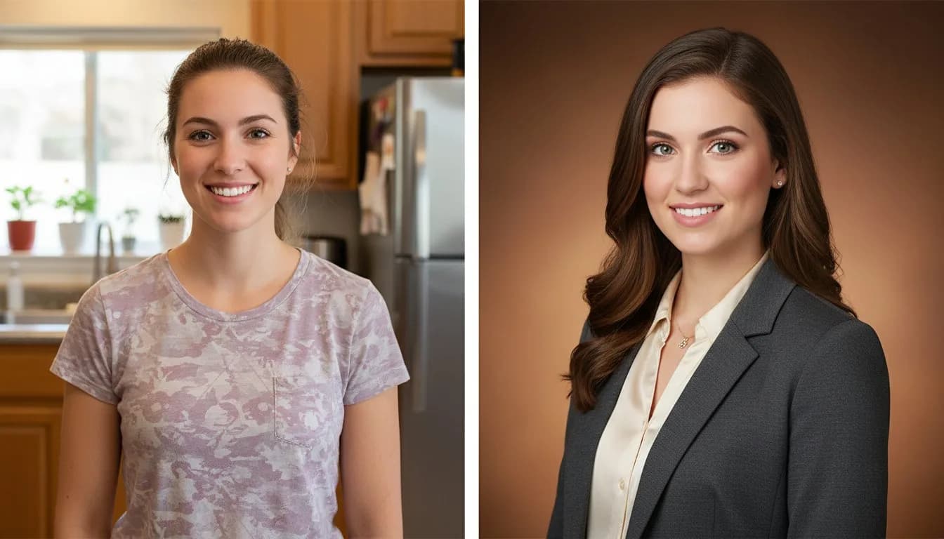 Женщина: из домашнего фото в деловой портрет для LinkedIn — AI обработка