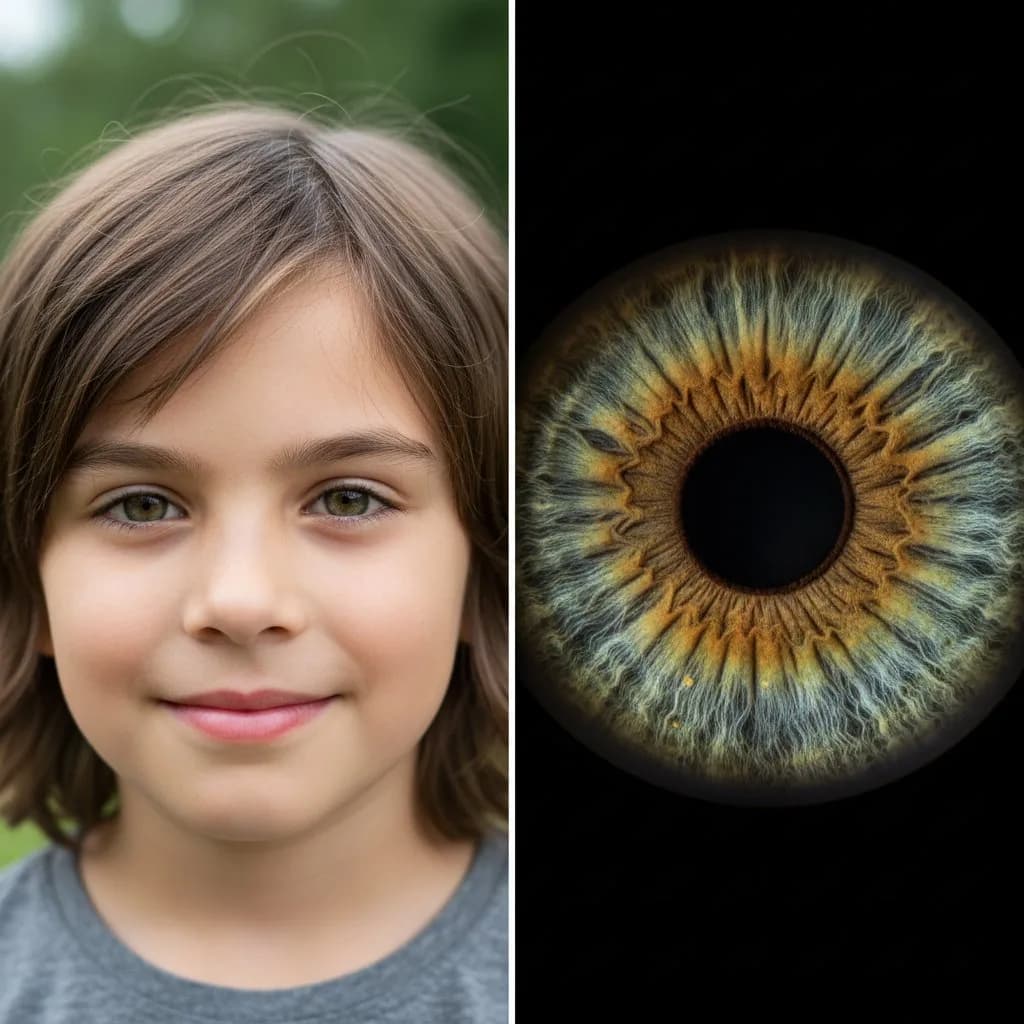 До и после — ореховая радужка ребёнка с детализацией, AI макросъёмка