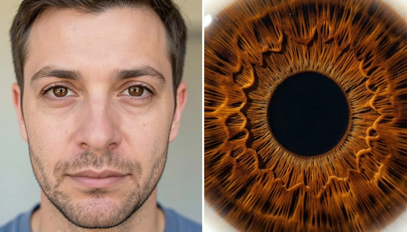 До и после — коричневая радужка с детализацией волокон, AI макросъёмка глаза