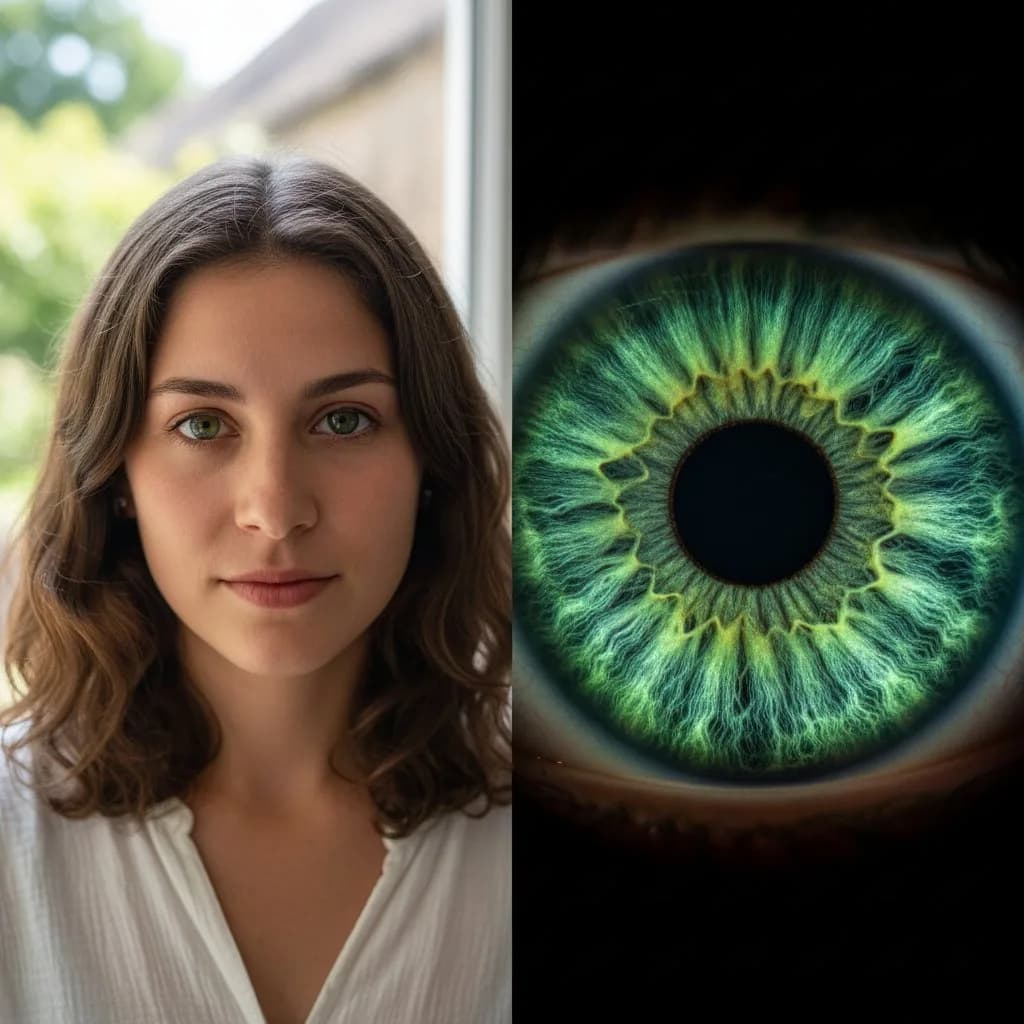 До и после — зелёная радужка крупным планом, AI преобразование портрета в макро