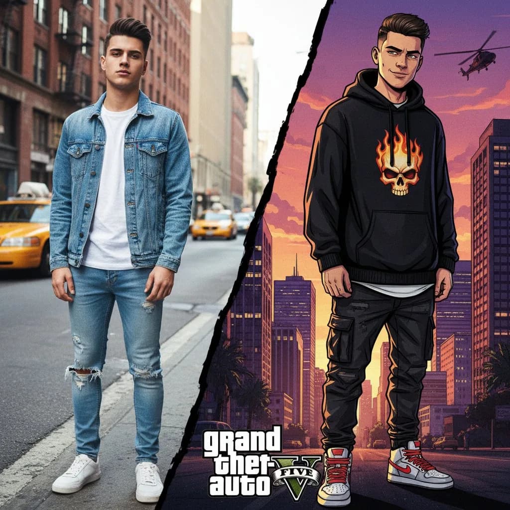 Мужской портрет в стиле GTA — до и после обработки нейросетью