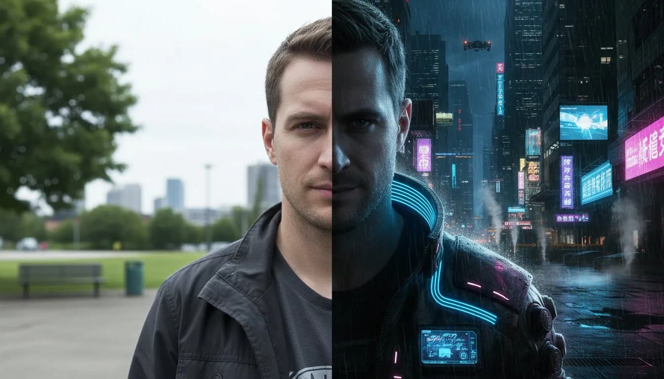 Классическая киберпанк-стилизация фото — AI обработка в стиле Blade Runner