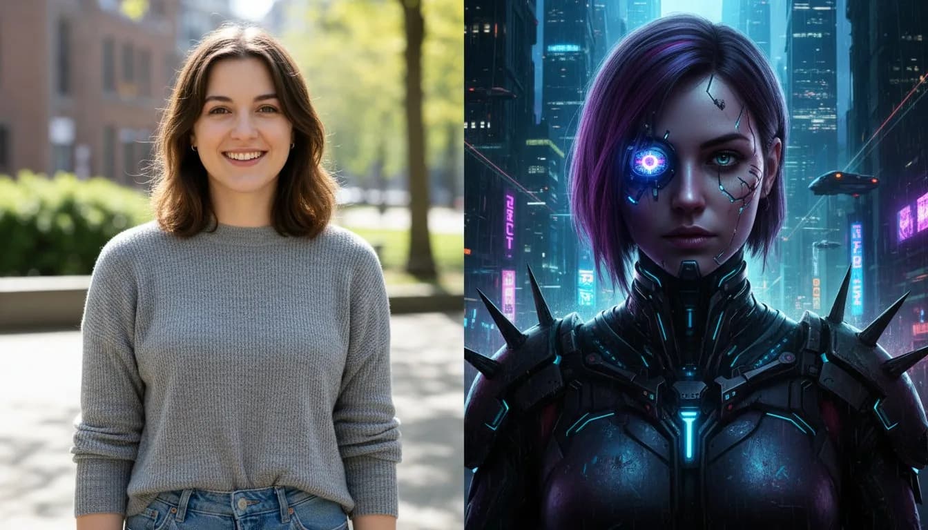 Портрет девушки до и после тёмной кибернетики — обработка фото в стиле киберпанк