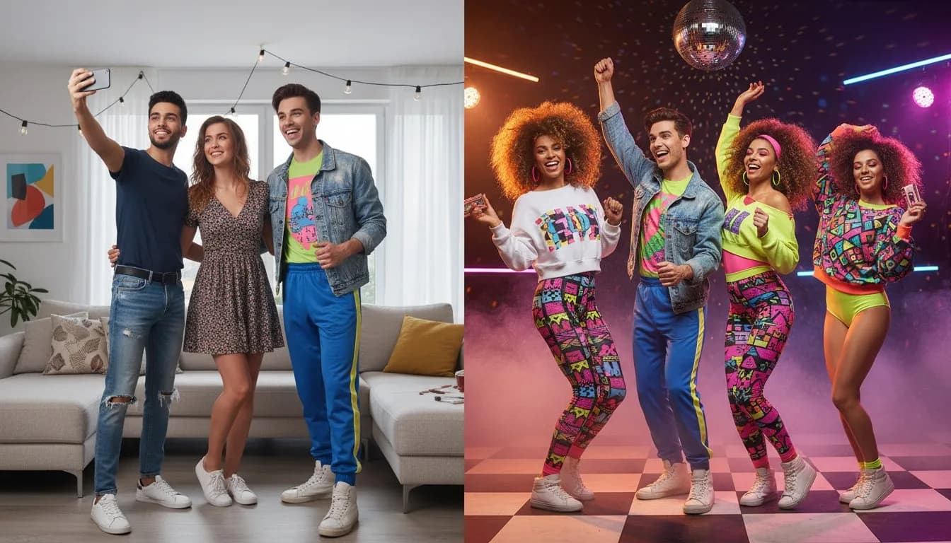 Групповое фото в стиле 80-х — ретро-стилизация нейросетью бесплатно