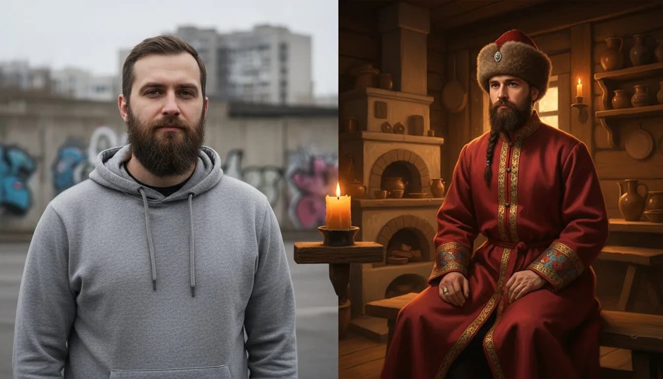 Стилизация в русском народном стиле -- кафтан и изба, до и после