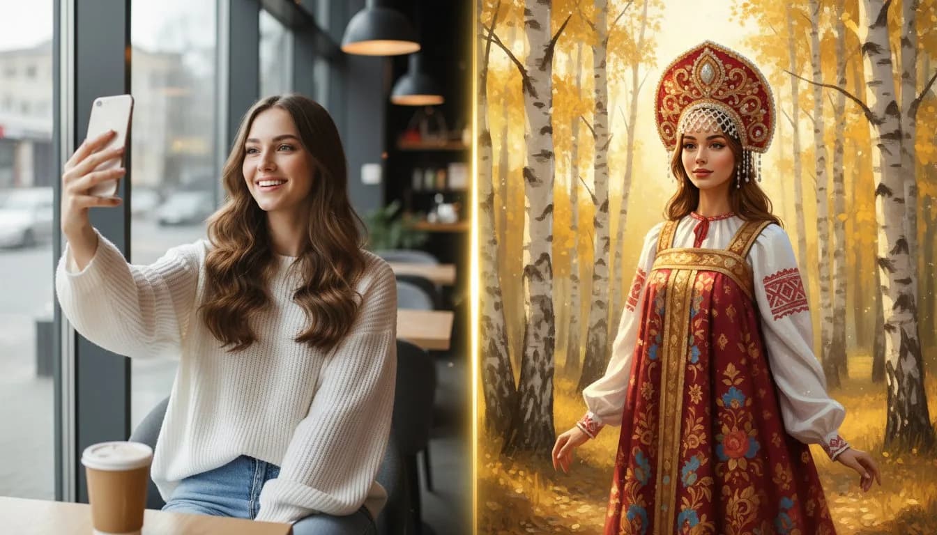 Фото в русском народном стиле -- кокошник и сарафан, до и после