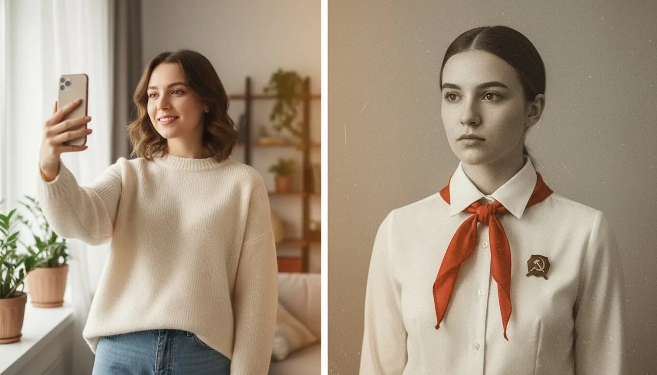 AI стилизация фото в стиле СССР -- пионерский образ, до и после