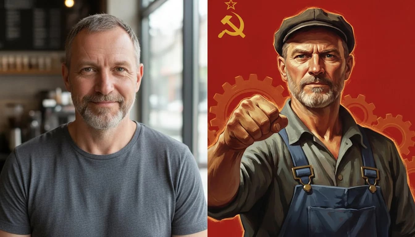 Стилизация фото в советском стиле -- рабочий-герой, до и после