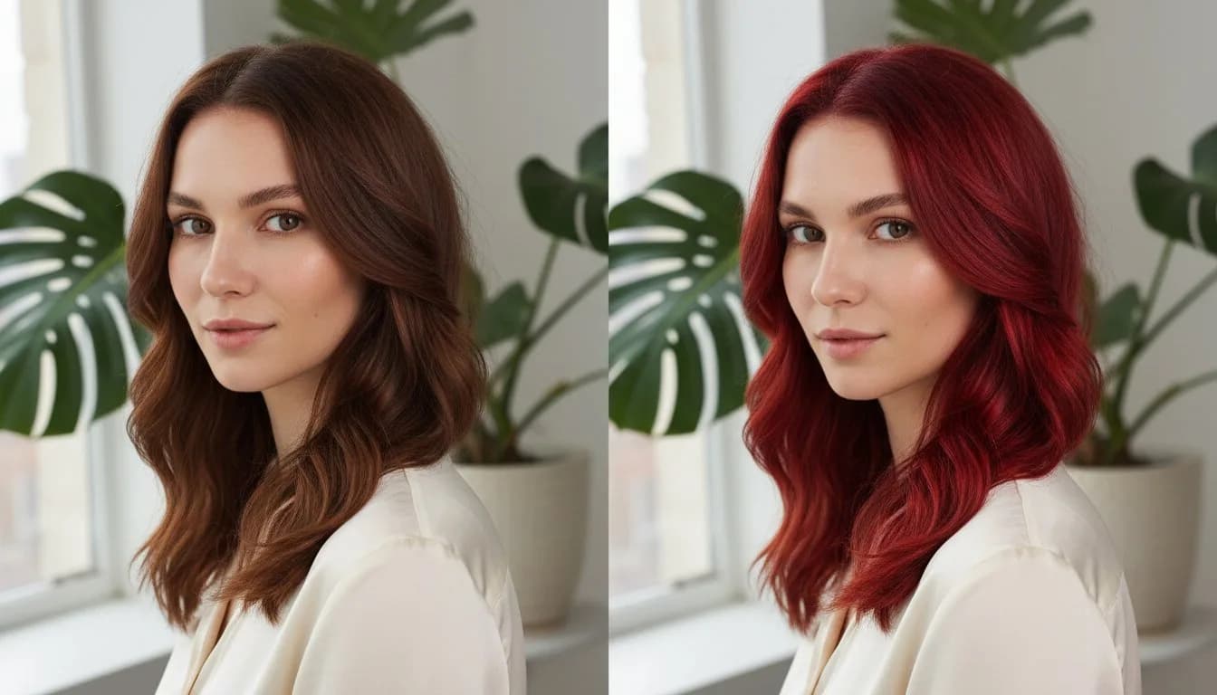 Изменение цвета волос на фото — из каштанового в рыжий