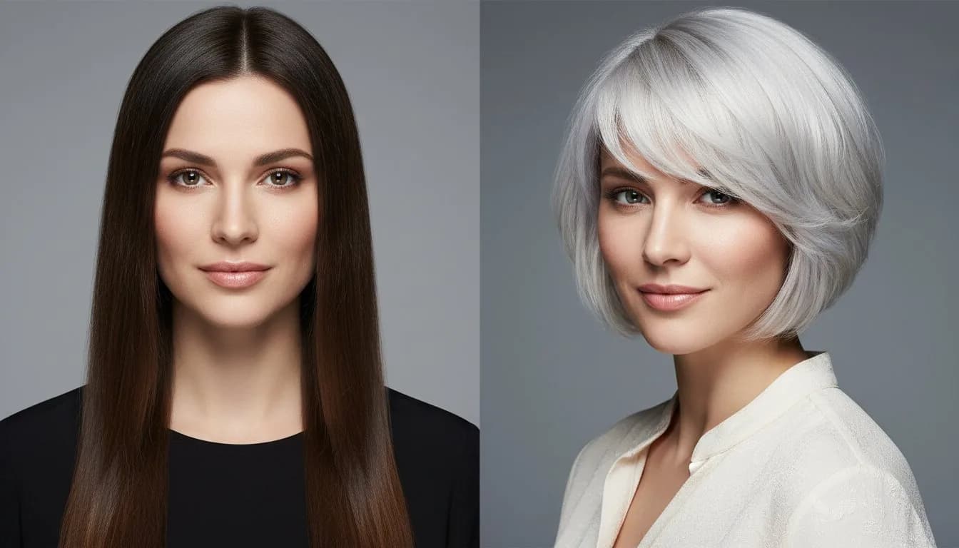 Изменение прически на фото — из длинных темных в короткое блонд-каре