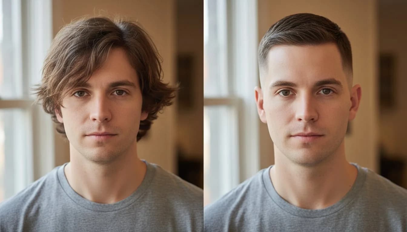 Мужская стрижка до и после — AI изменил прическу онлайн