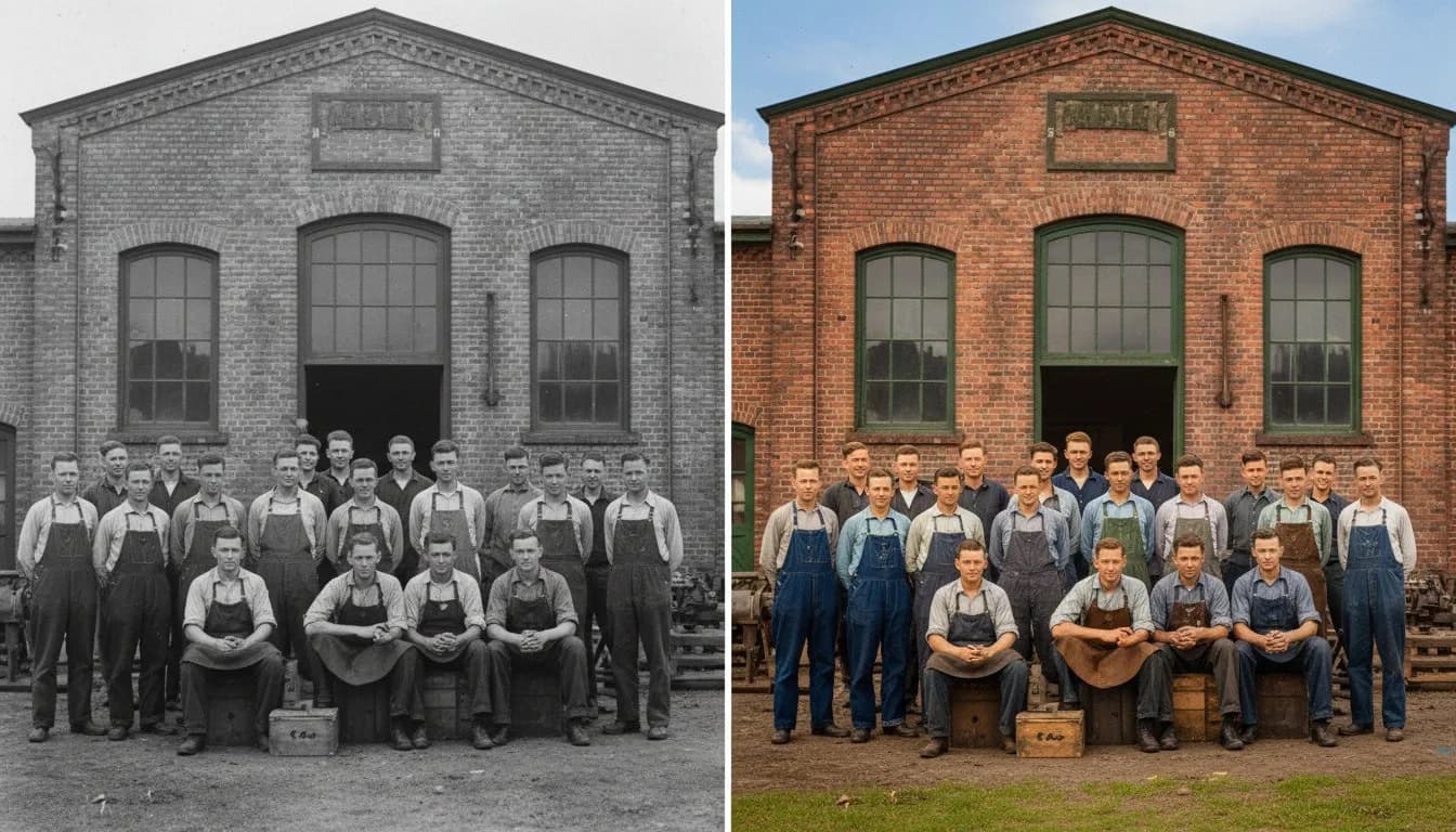 Колоризация группового фото рабочих 1940-х -- нейросеть