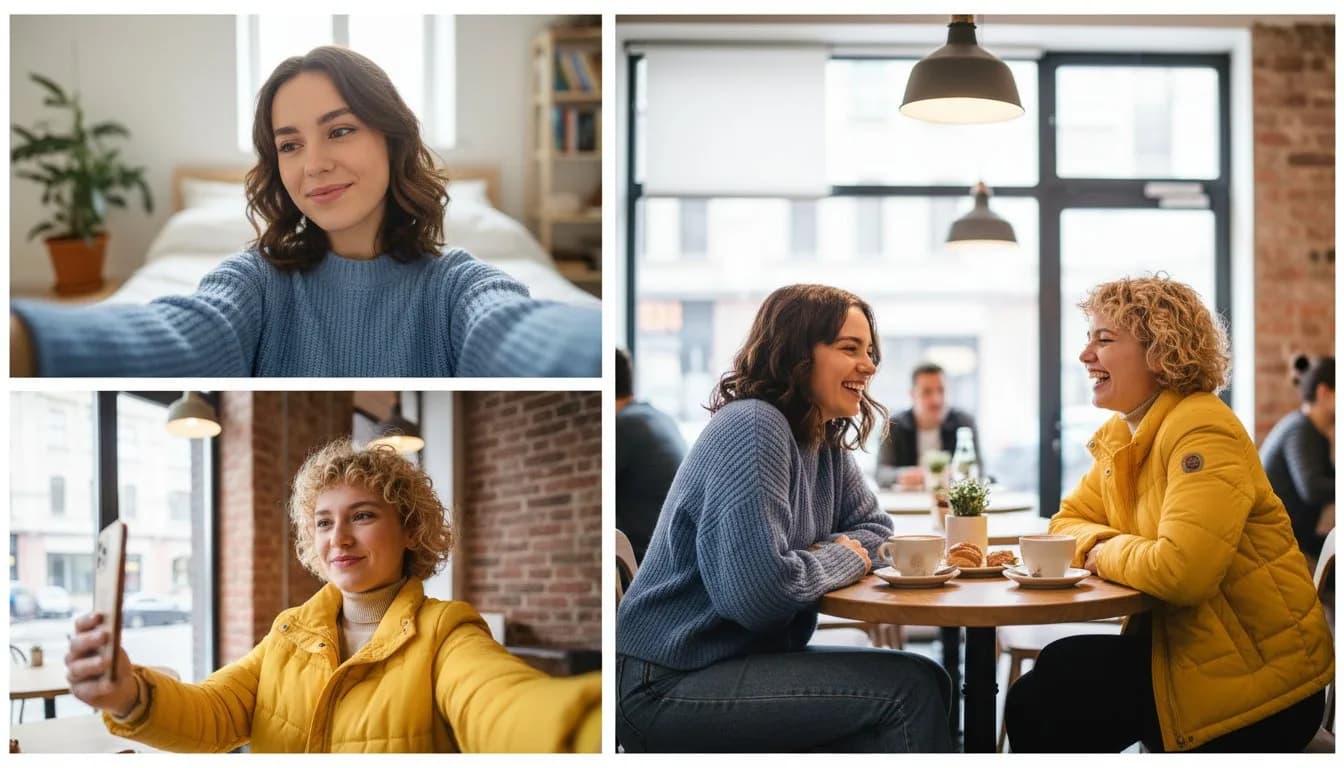 Два селфи подруг объединены -- совместное фото в кафе