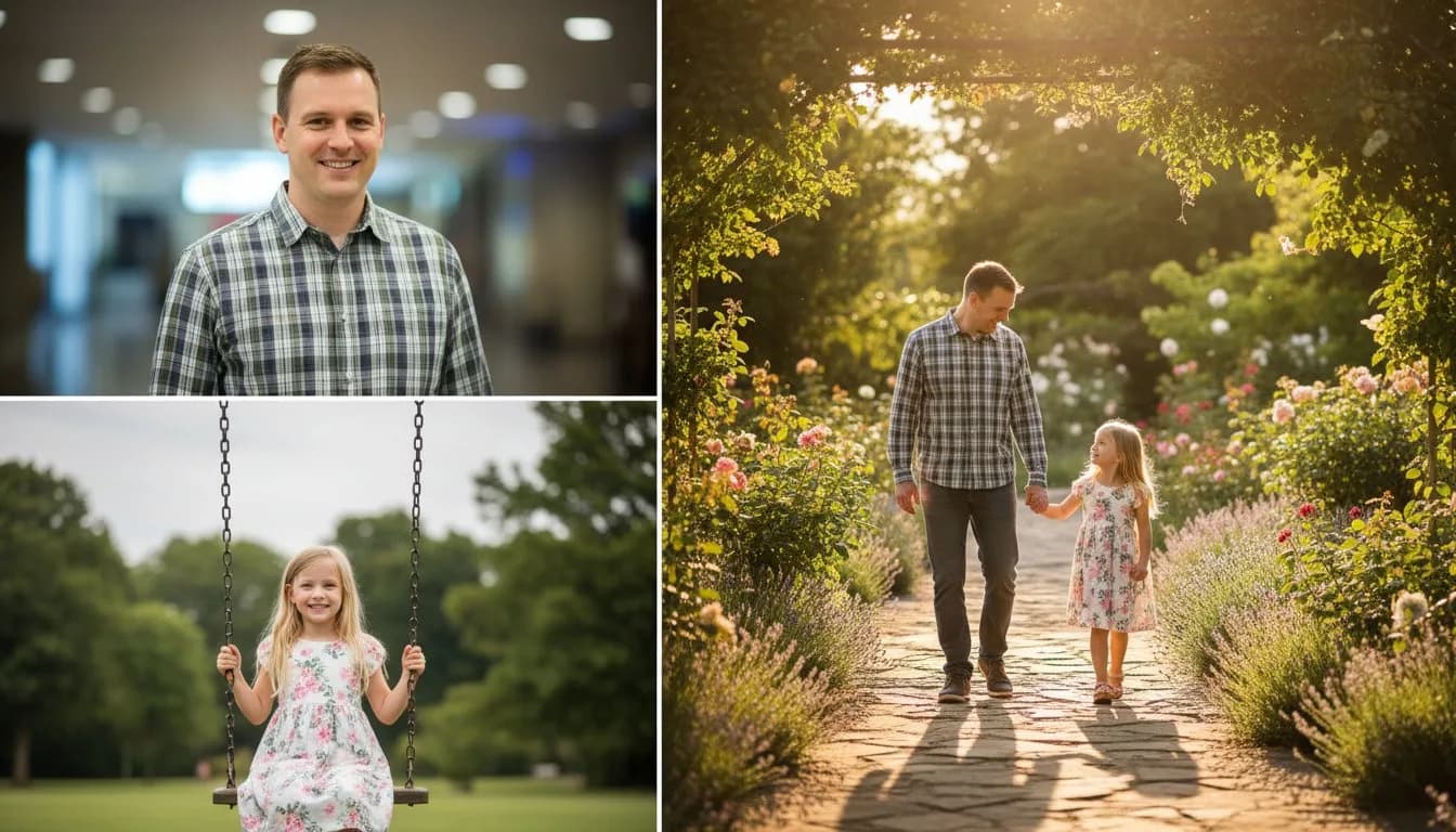 Отец и дочь с разных фото объединены в одну сцену в саду