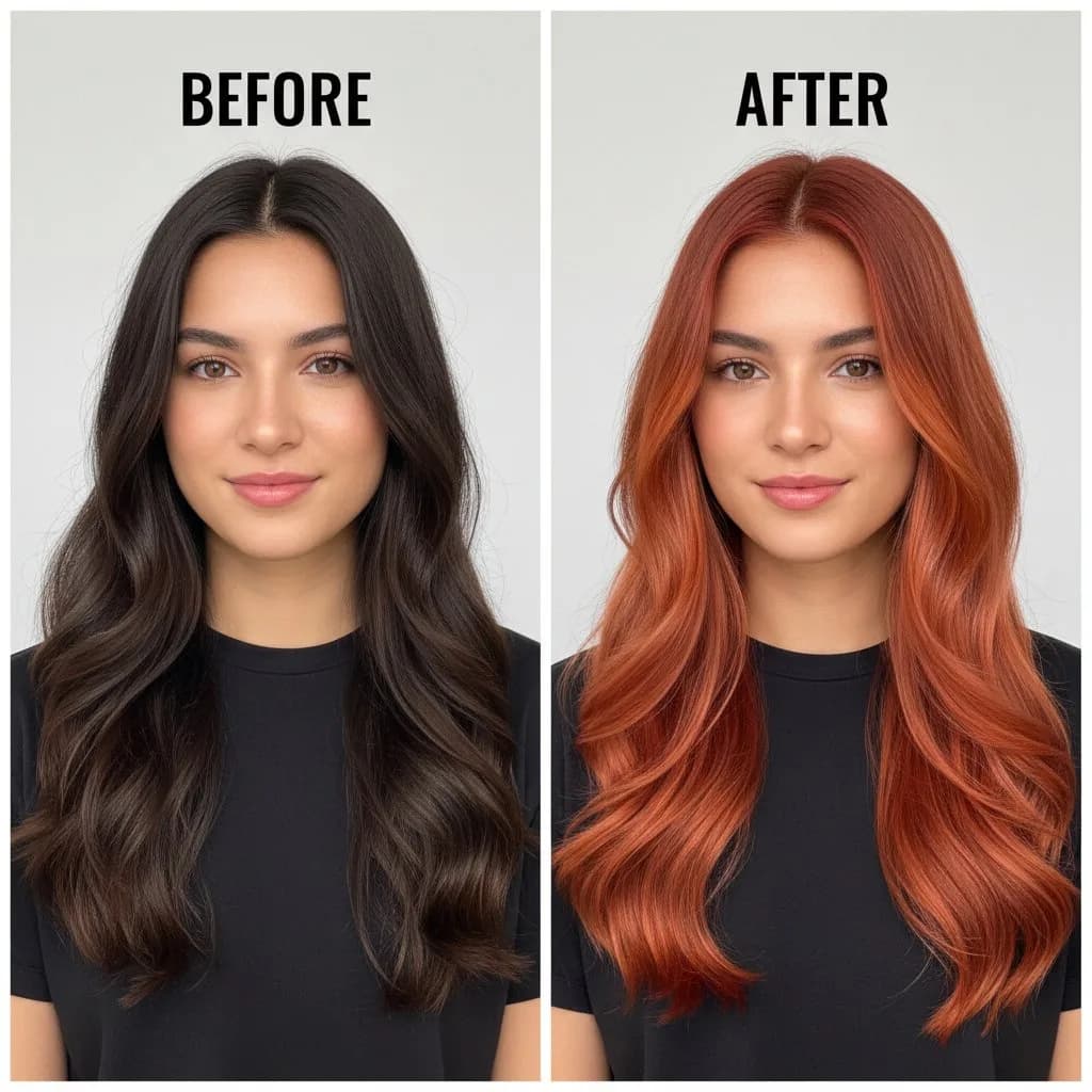 До и после: тёмные волосы окрашиваются в рыжий цвет с помощью ИИ