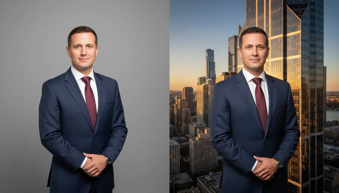 Сменить фон на деловой -- небоскрёбы, до и после