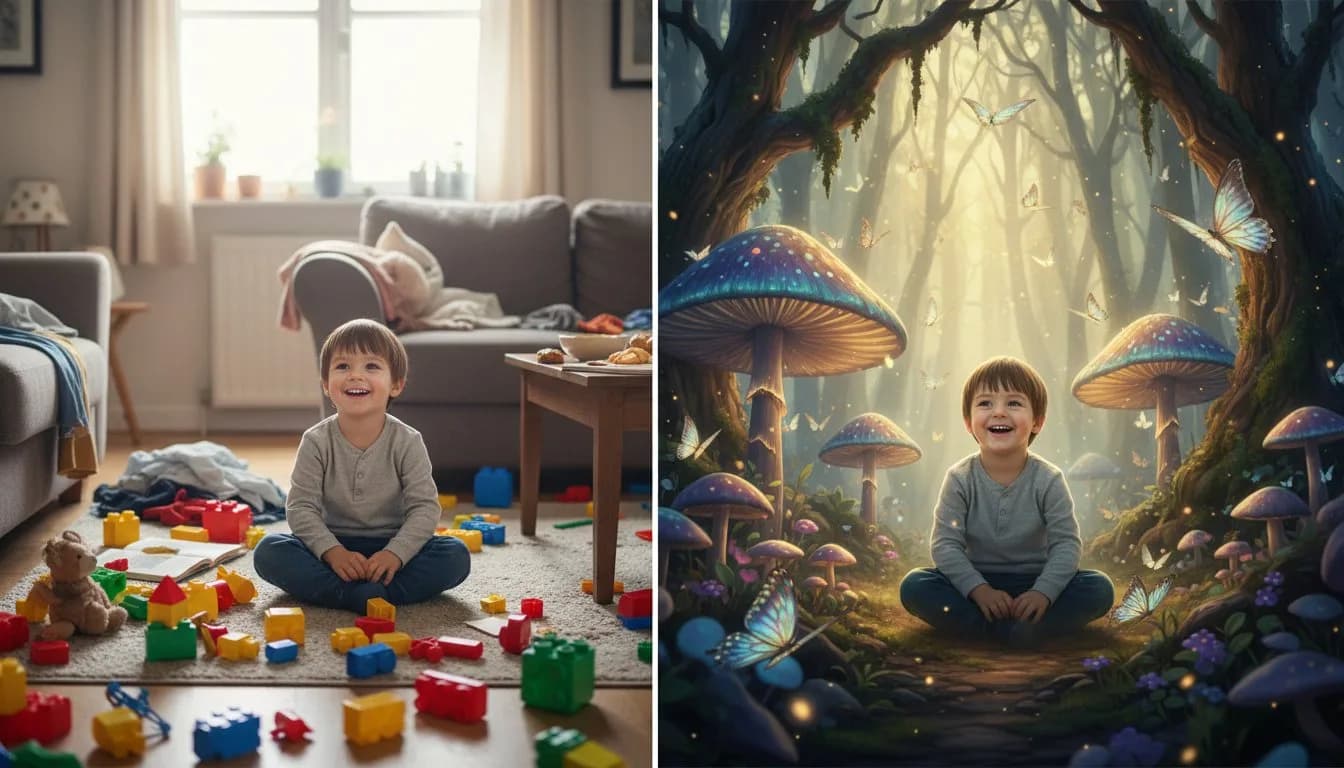 Замена фона на фото ребёнка -- сказочный фон, до и после