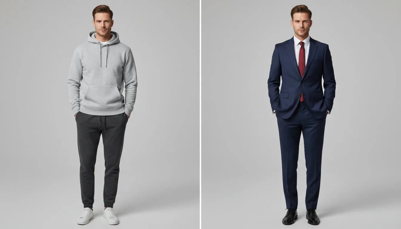 Заменить худи на деловой пиджак на фото -- нейросеть, до и после