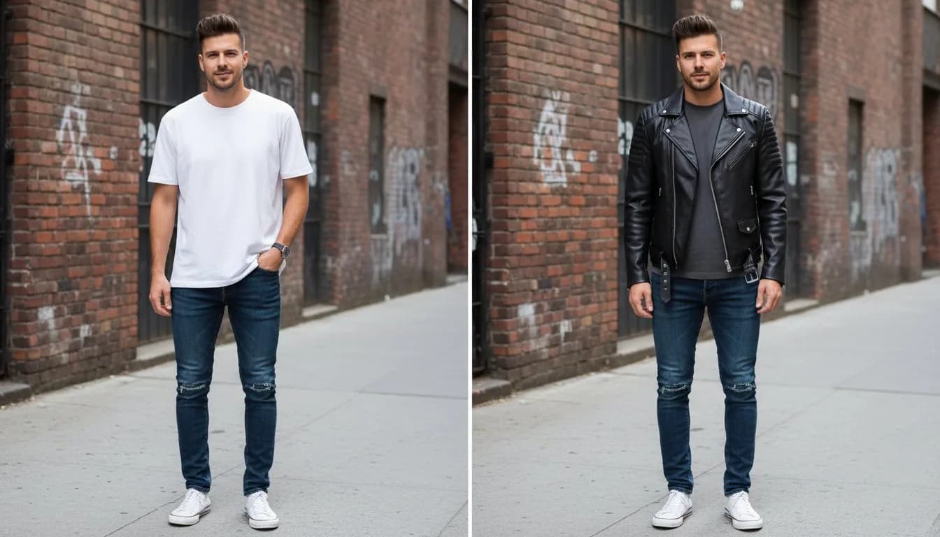 Примерить кожаную куртку на фото -- замена одежды AI, до и после