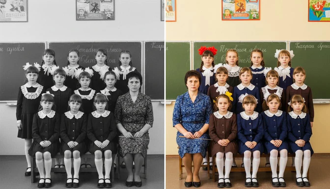 Советское школьное фото до и после раскрашивания нейросетью