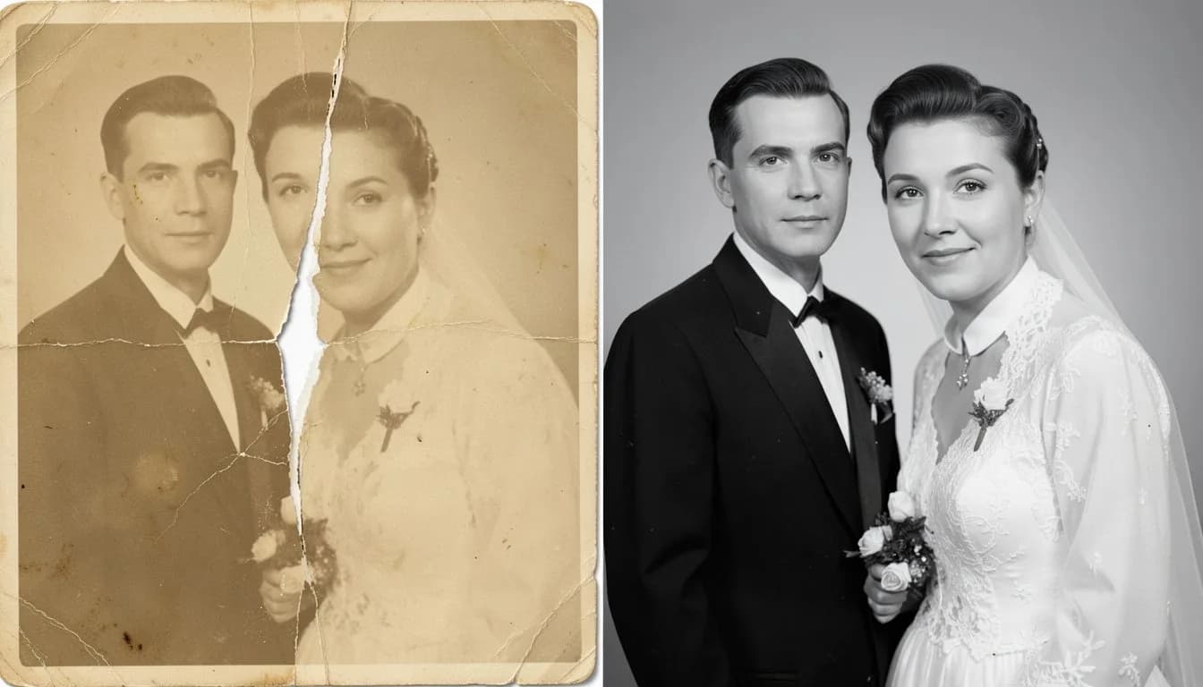 Реставрация свадебной фотографии 1960-х — до и после: разрыв и пятна восстановлены AI