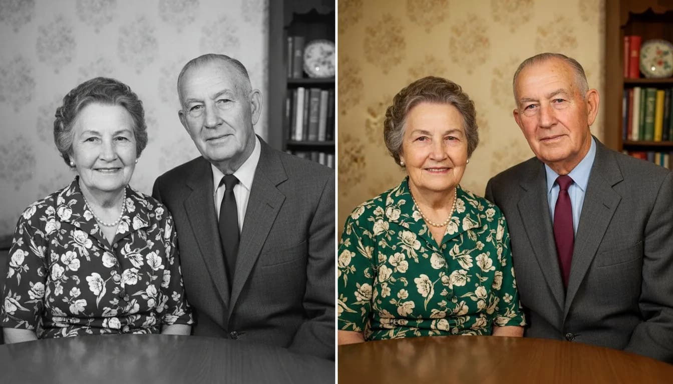 Семейное фото 1960-х -- бабушка и дедушка, до и после колоризации