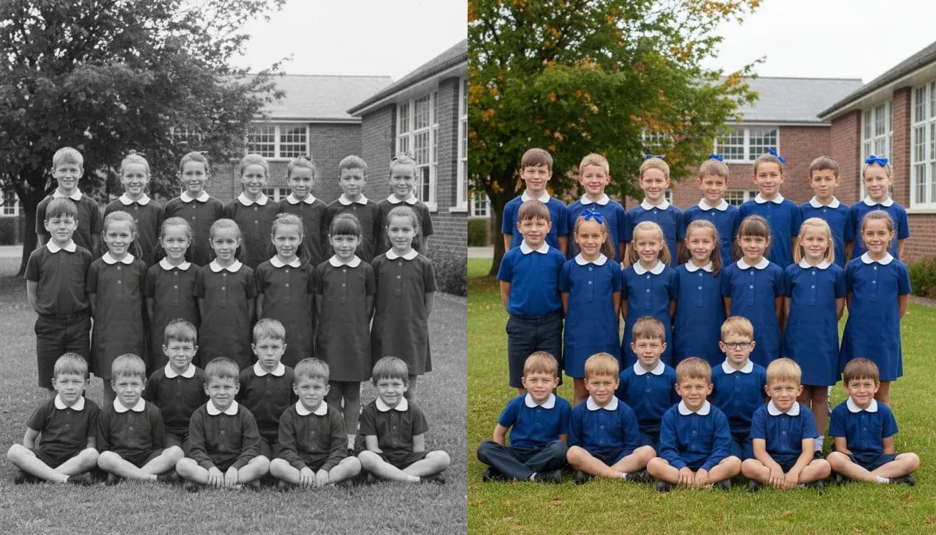 Школьное фото класса 1970-х -- AI сделал фото цветным