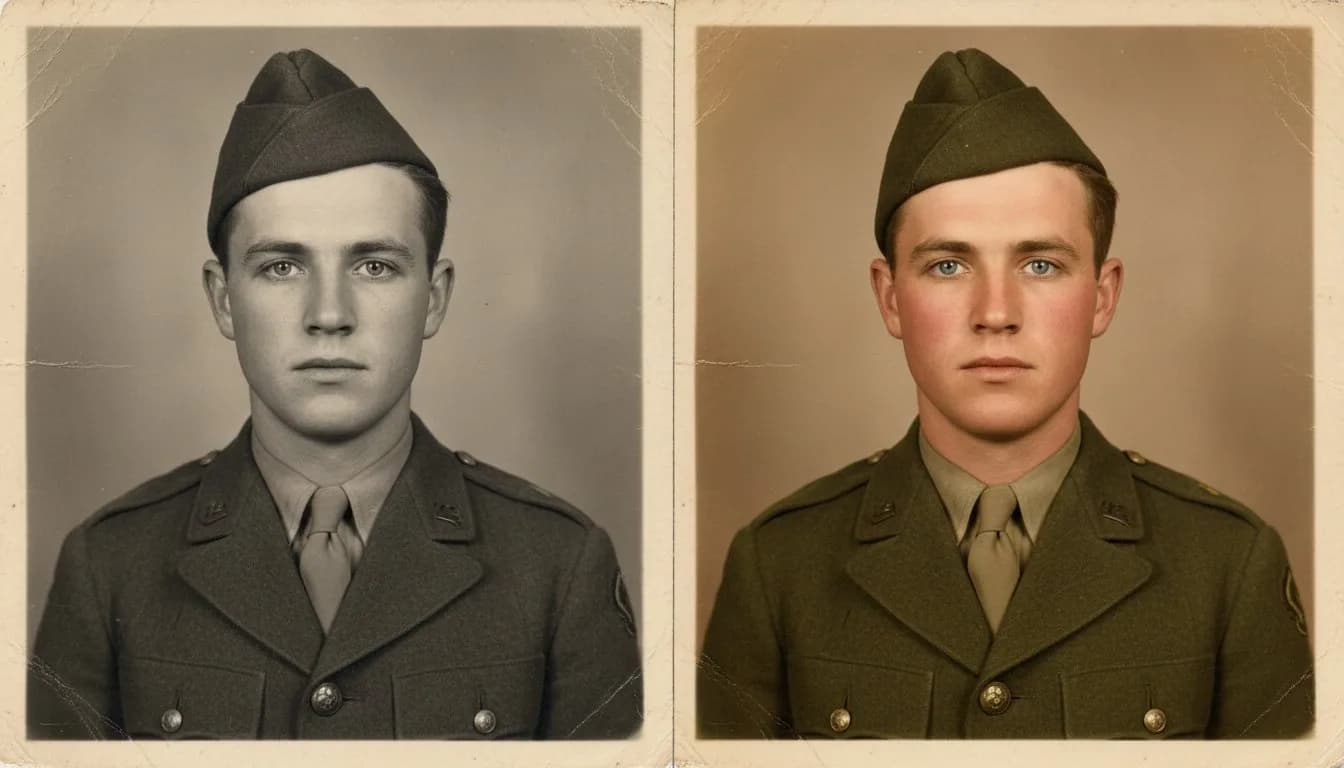 Военный портрет -- солдат в форме, черно-белое фото стало цветным