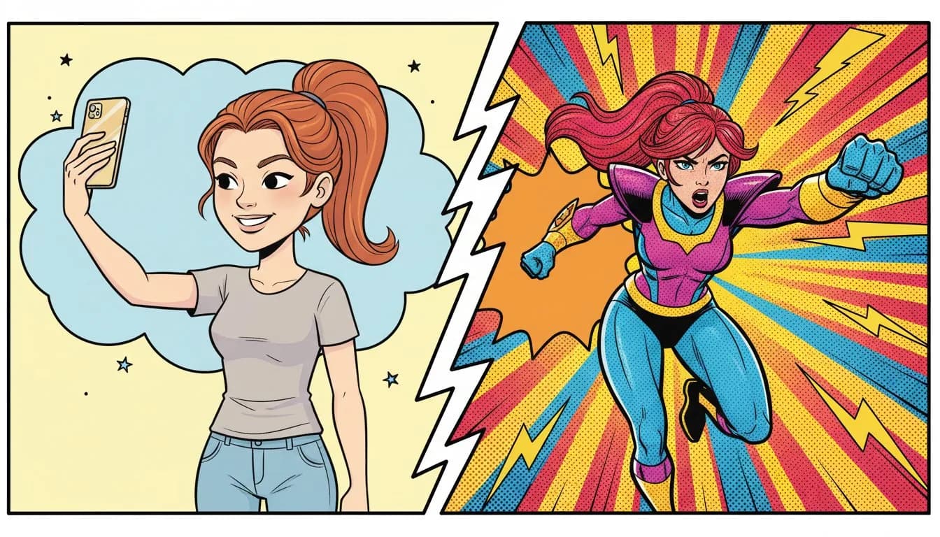 Карикатура в стиле поп-арт из фото женщины -- до и после