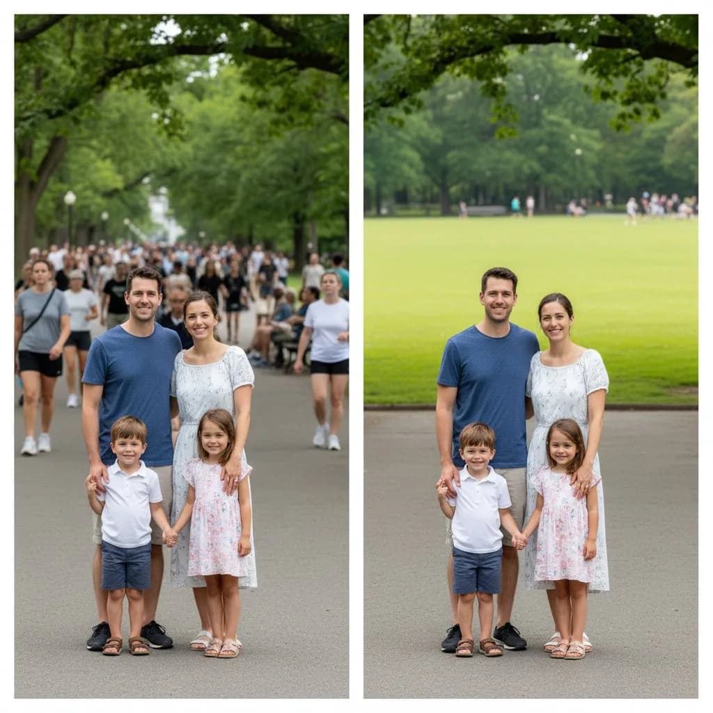 До и после — удаление прохожих с семейного фото в парке, чистый фон