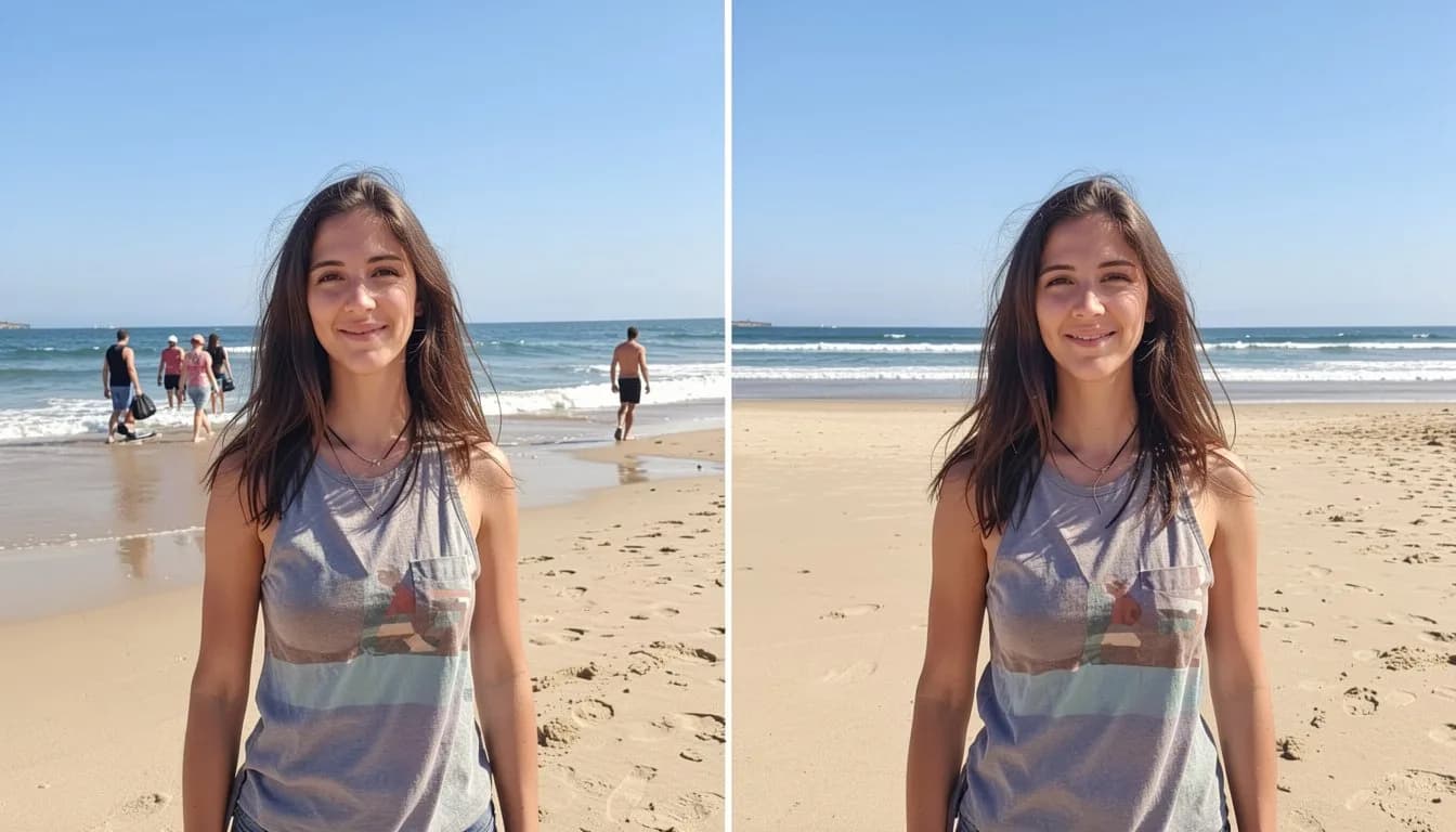 До и после — убрать случайных людей с пляжного фото, AI заполняет фон