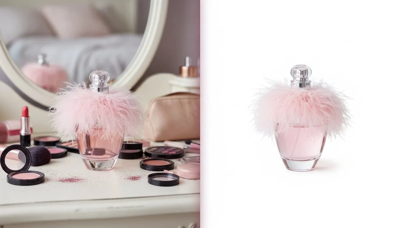 Вырезка сложного объекта — флакон духов с перьями на белом фоне, мелкие детали сохранены