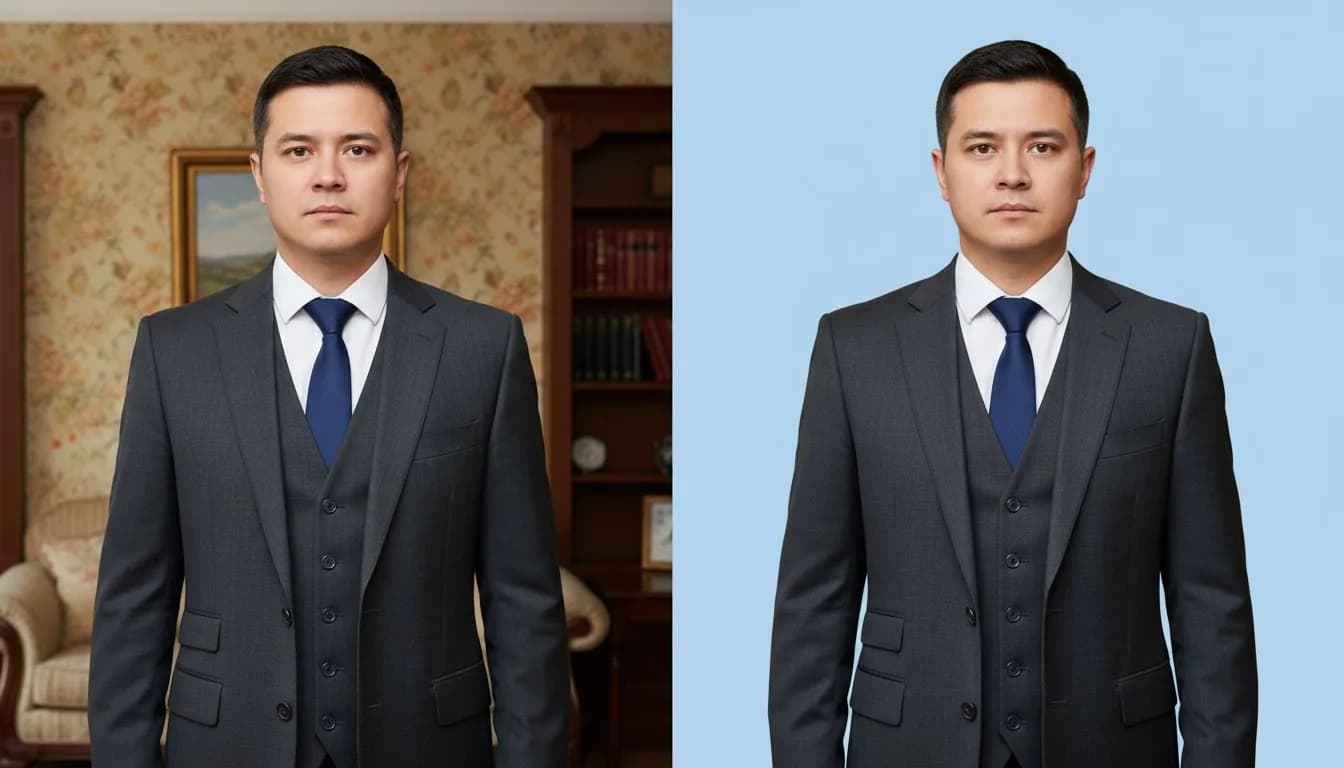 Замена фона на фото для документов — мужчина в костюме на синем фоне для паспорта