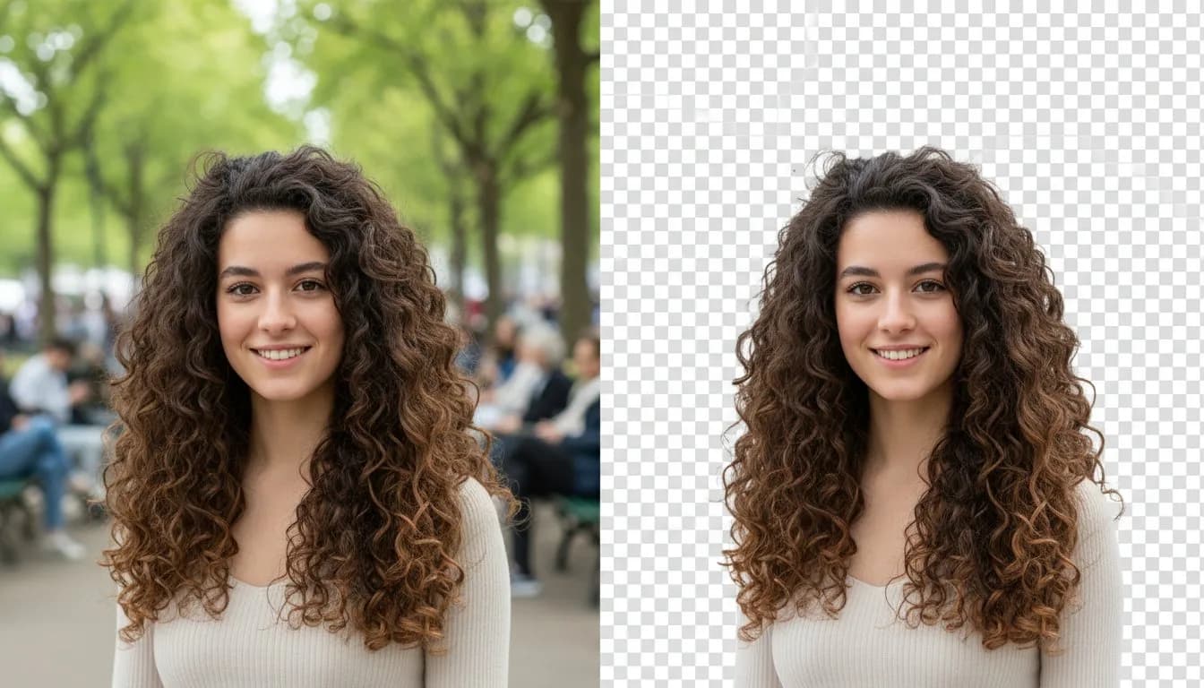 Убрать фон с портрета — девушка с кудрявыми волосами вырезана на прозрачный фон