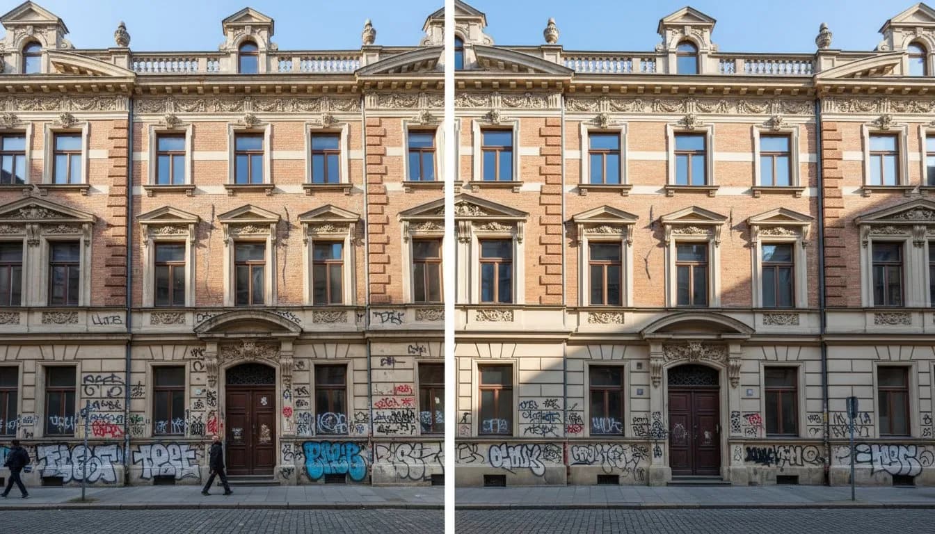 Убрать текст с фото -- граффити удалено нейросетью, до и после