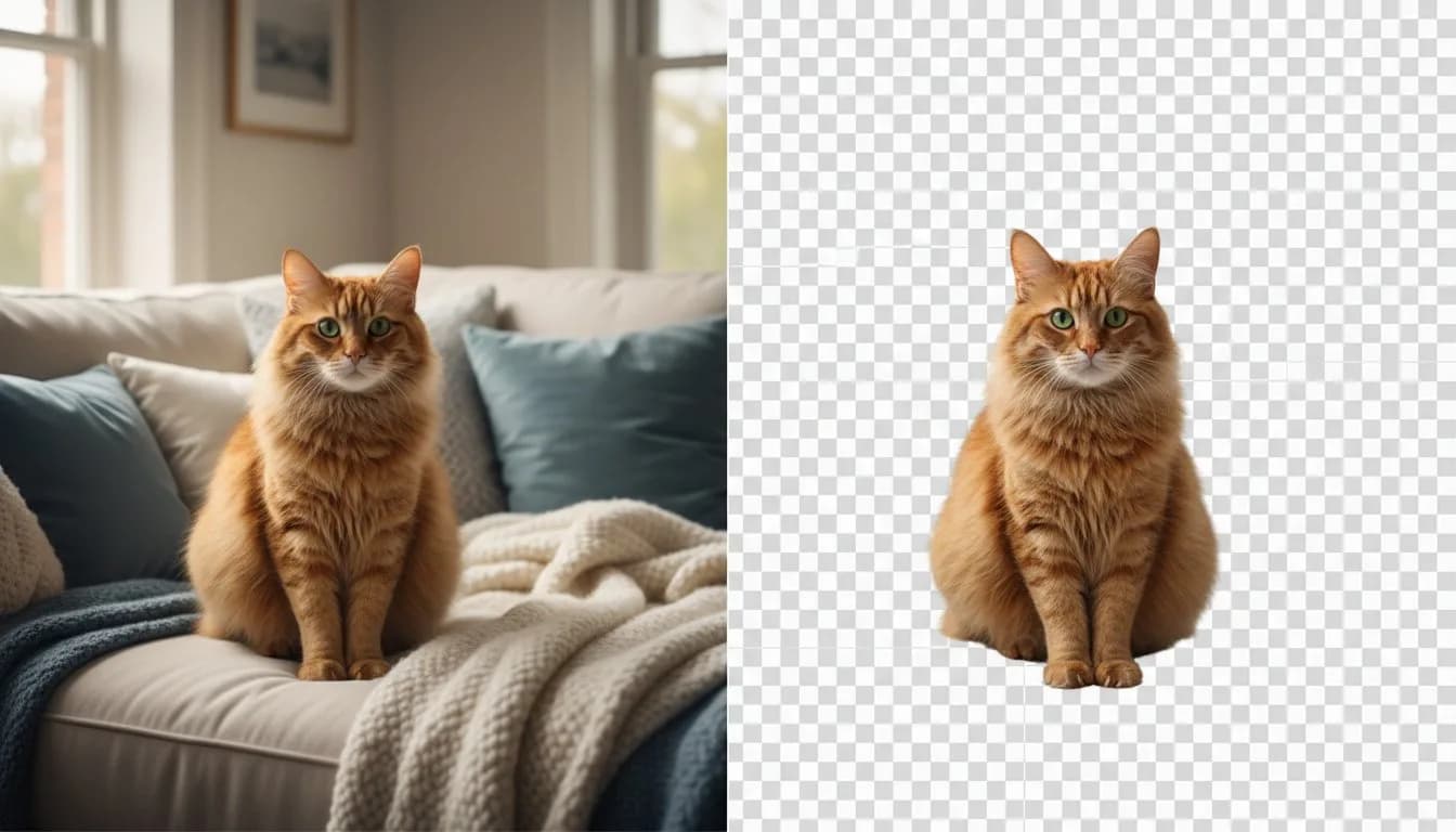 Убрать фон с фото кота -- до и после обработки AI