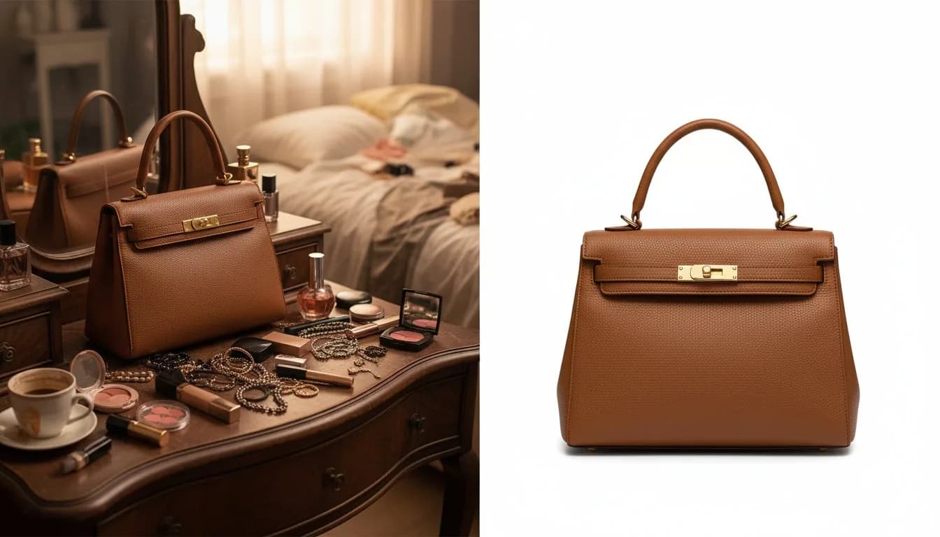 Удалить фон с товарного фото сумки -- до и после для маркетплейса