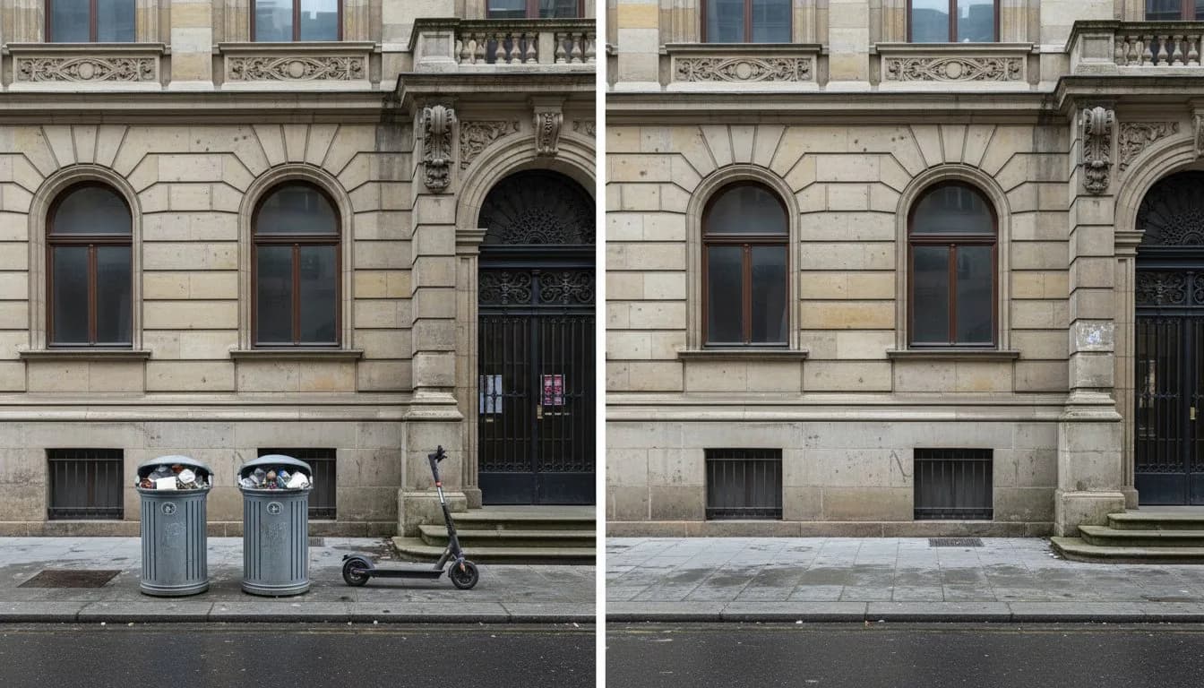 Удаление мусорных баков с фото здания — AI очистка архитектурного снимка