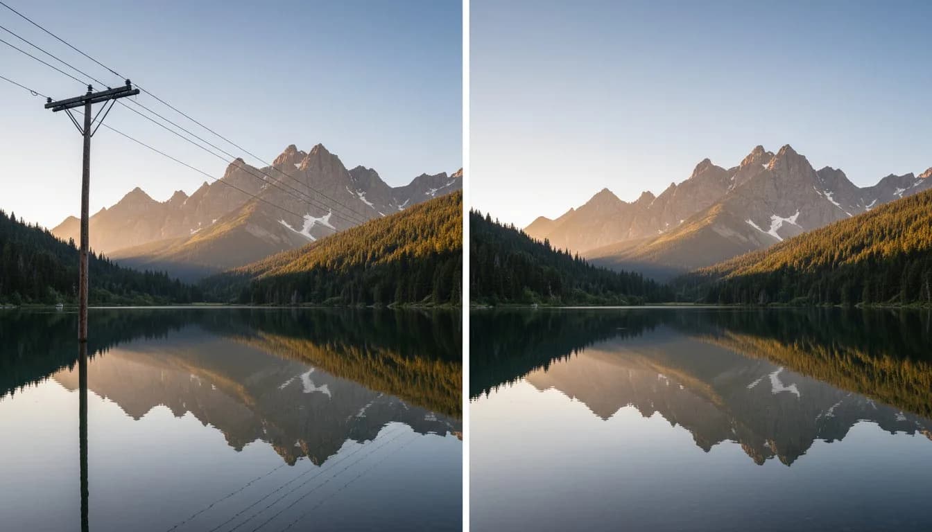 Удаление столба с пейзажного фото — до и после обработки AI