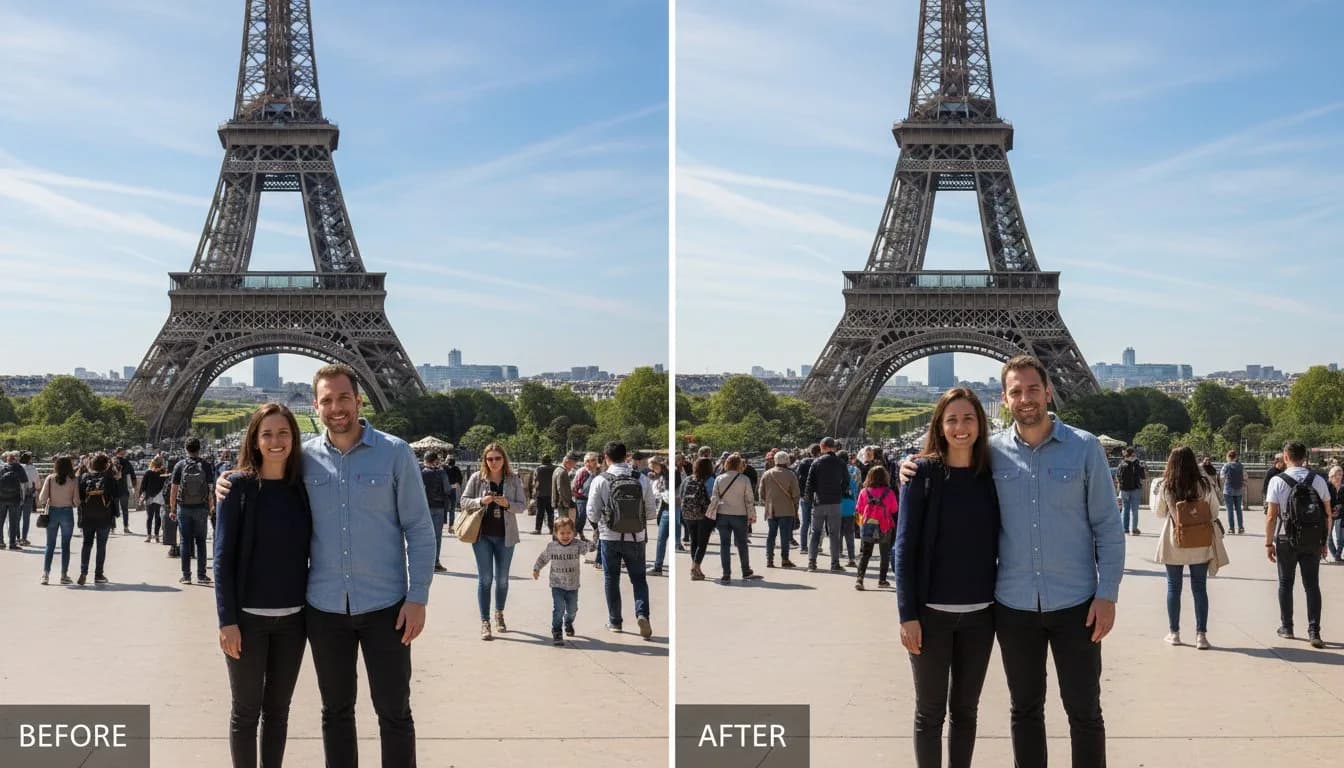 Удаление прохожих с туристического фото у достопримечательности