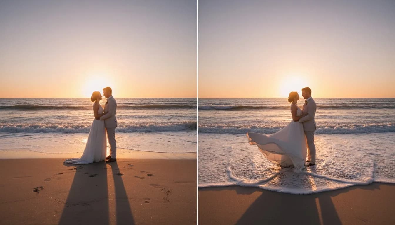 Видео из свадебного фото — AI добавляет движение волн и платья