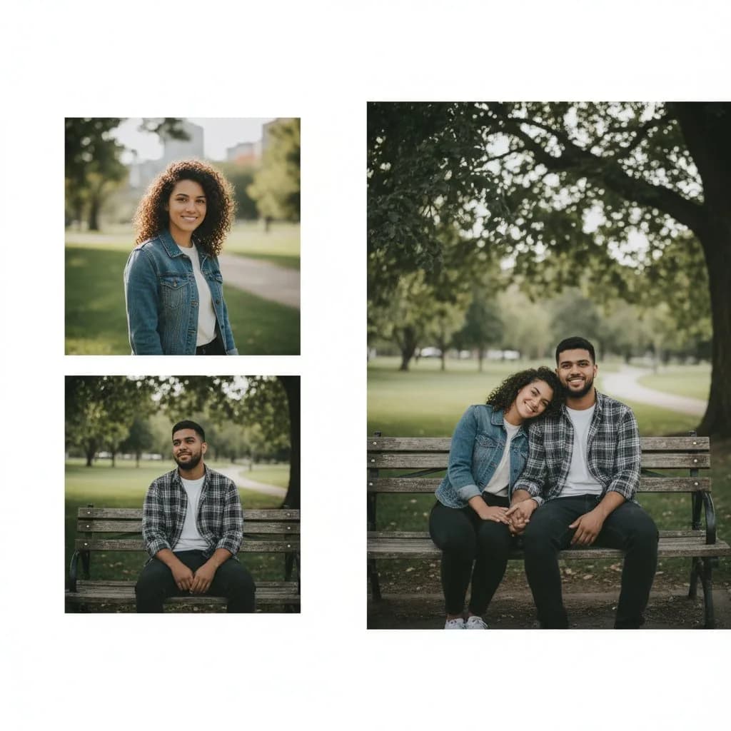 Совместное фото двух друзей — AI объединяет два отдельных портрета в одну сцену в парке