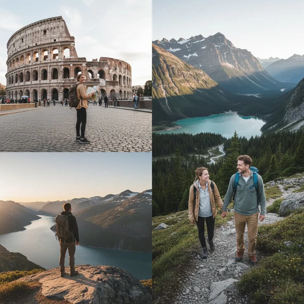 Объединение фото пары с разных поездок — AI помещает двоих в одну сцену в горах