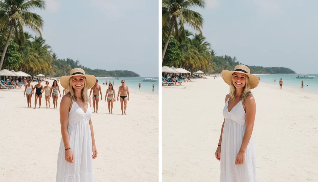 Удаление прохожих с пляжного фото — до и после AI обработки