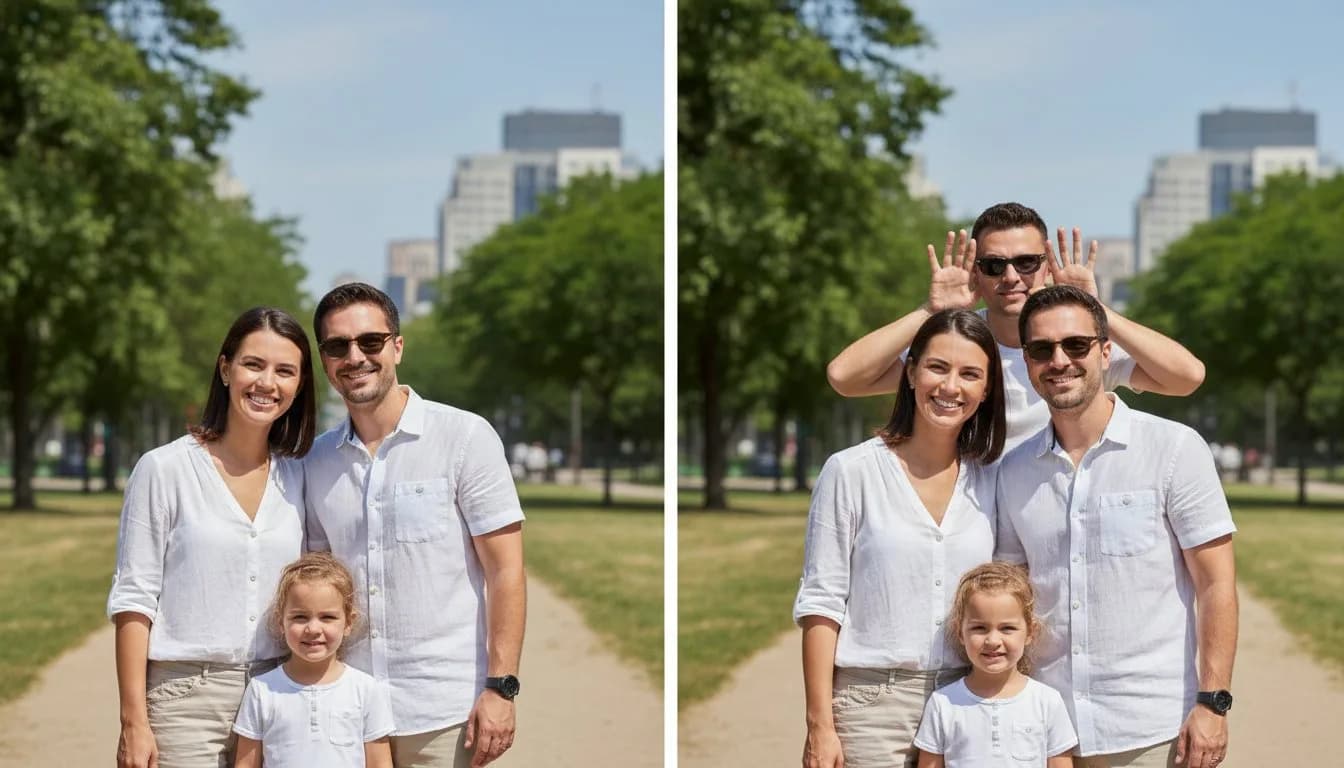 Удаление постороннего с семейного фото в парке — нейросеть